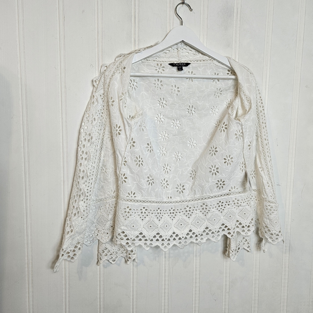 Lauren Ralph Lauren White Lace Eyelet Embroidered Open-Front Duster PS P - Picture 10 of 13